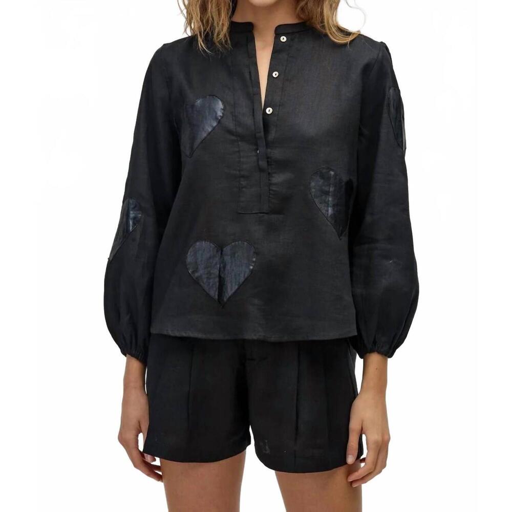 NEW LANHTROPY cupid linen shirt in metallic black hearts
